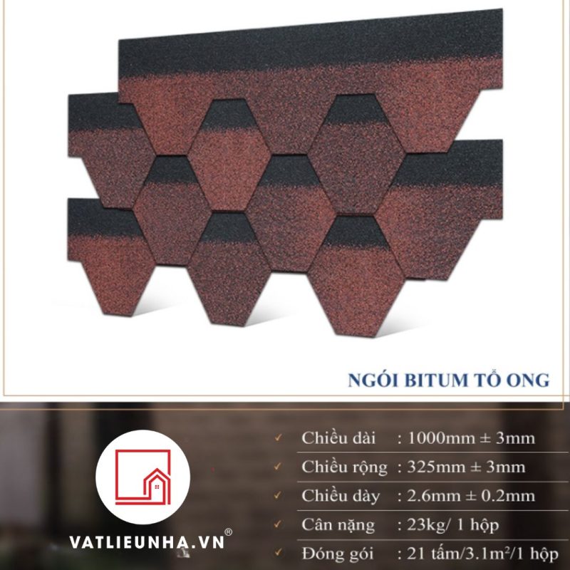 Ngói bitum TỔ ONG đỏ gạch,  Ngói bitum phủ đá dạng tổ ong màu đỏ