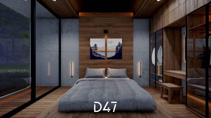 Phòng ngủ với view hướng hồ được bài trí đơn giản với giường phản kiểu nhật và tủ gỗ âm tường