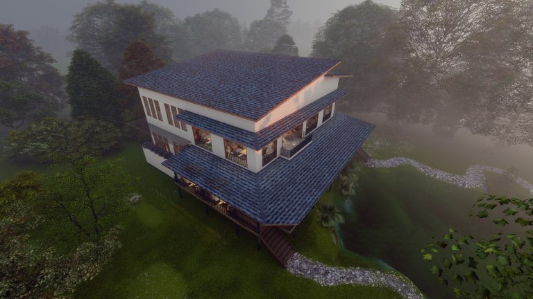 Phối cảnh từ trên cao mái thái lợp ngói và hiên nhà sàn của Rainy Cafe