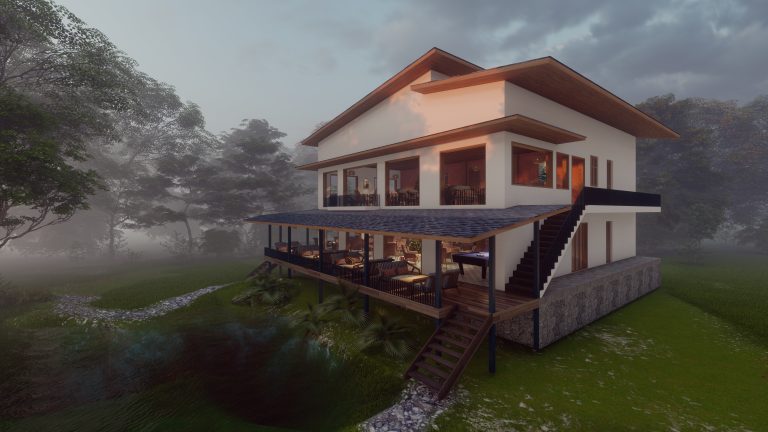 Phối cảnh góc bên quán cà phê kiểu nhà sàn với cầu thang gỗ ngoài trời
