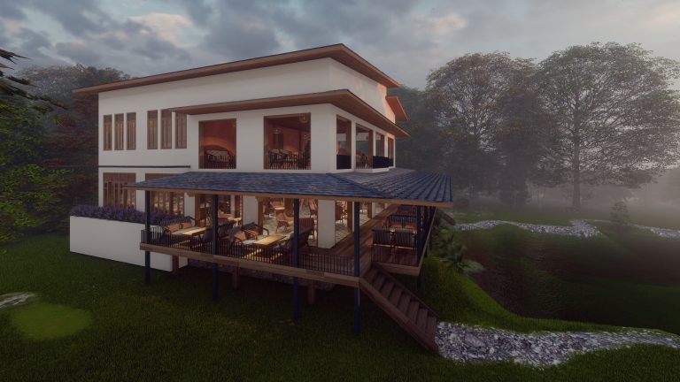 Phối cảnh Rainy Cafe hai tầng với hiên rộng nhìn ra thảm cỏ và suối nhỏ