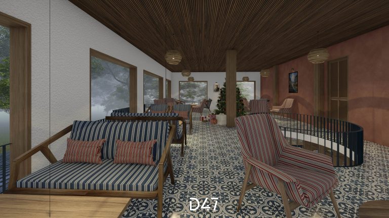 Tầng 2 Rainy Cafe với trần gỗ, sofa đệm sọc và cửa sổ nhìn ra cây xanh