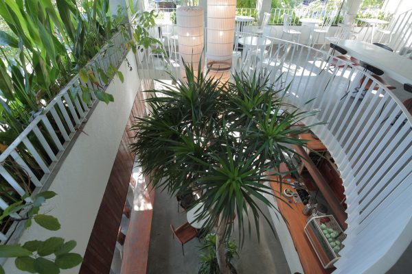 Hệ thống cửa xếp có thể mở rộng tối đa để tạo thành mái che, xóa nhòa ranh giới giữa bên trong và bên ngoài quán.